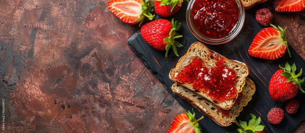 Poster bread with strawberry jam on vibrant table with copy space image.