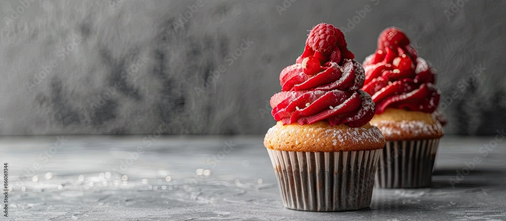 Poster Cupcakes topped with red cream set against a grey backdrop with copy space image.