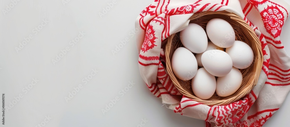 Poster Basket filled with eggs adorned by red and white fabric on a white background creating a visually appealing composition with copy space image.