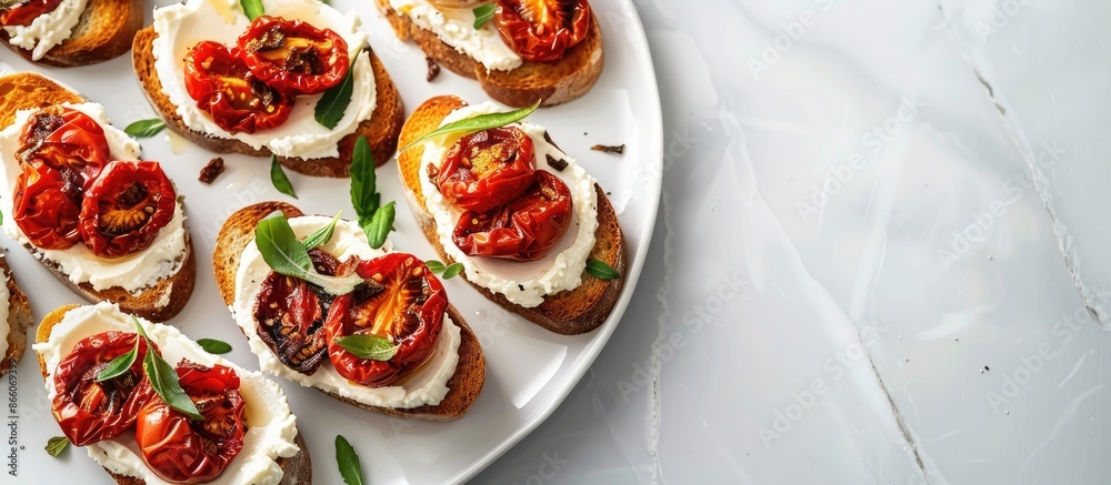 Poster a platter featuring sun-dried tomatoes and cream cheese on toast, displayed on a white board against