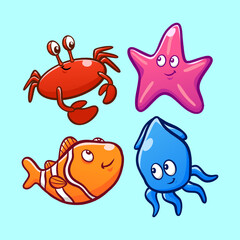 Bundling Illustration Funny Sea Animal for Decoration and Sticker