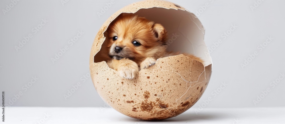 Poster Spitz puppy inside a large eggshell set against a white background with copy space image.