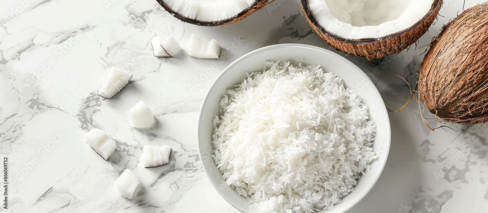 Poster White marble background with copy space image featuring coconut halves and freshly grated flakes in a white bowl. Angle view included.