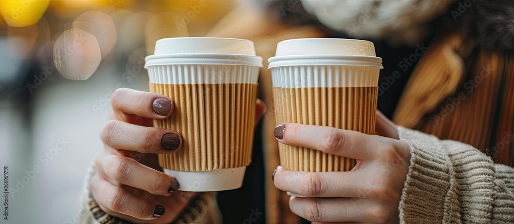 Poster hands are shown holding paper cups of coffee in a close-up copy space image.