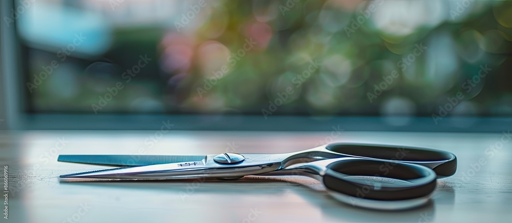 Aufkleber Stainless steel scissors with a black handle resting on a bright table with a blank space for an image. Copy space image. Place for adding text and design