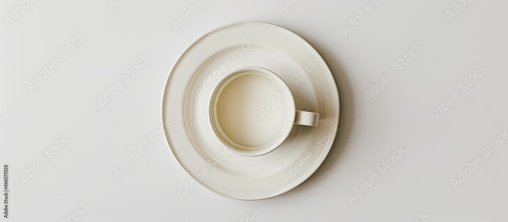 Aufkleber White background featuring an unsoiled and empty plate along with a cup, with space for adding images. Copy space image. Place for adding text and design