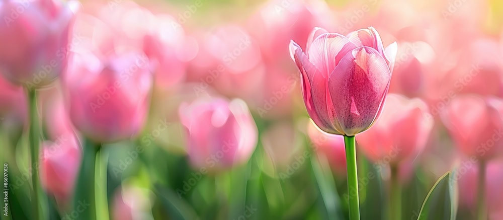 Poster close-up image of a luxurious pink tulip in a garden with copy space image.