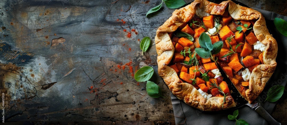 Aufkleber a pumpkin and ricotta cheese galette pie on a rustic backdrop, perfect for thanksgiving. top view wi