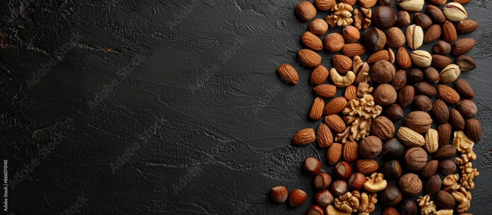Aufkleber Various nuts displayed on black backdrop, offering a nutritious snack option. Overhead perspective with room for text or images. Copy space image. Place for adding text and design