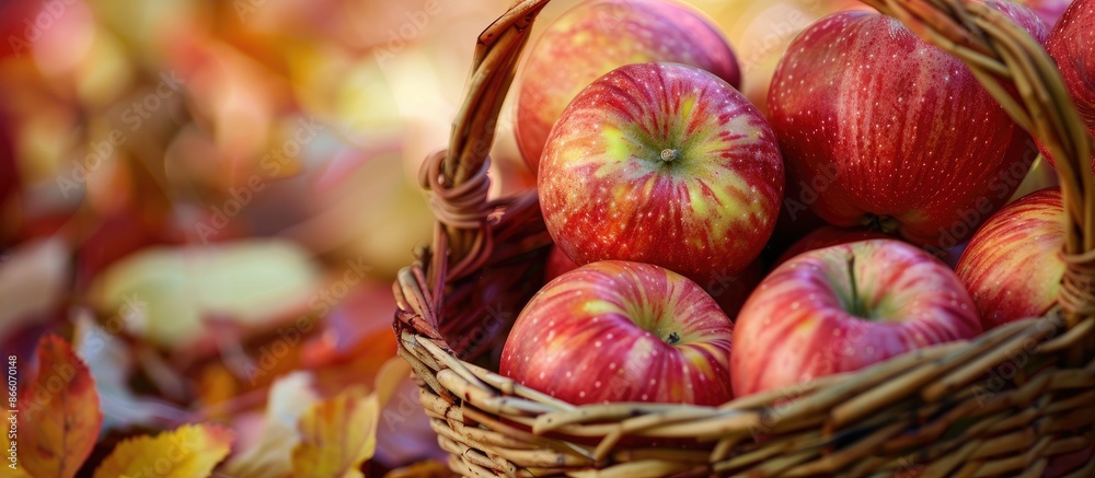 Poster closeup view of a basket filled with various apple varieties, set against a backdrop of autumn-color