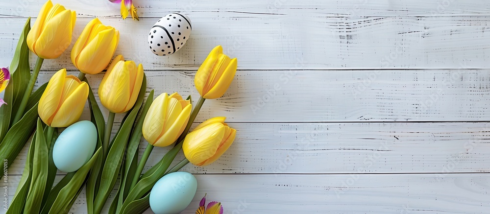 Aufkleber top view image featuring a spring-themed easter background with vibrant eggs, yellow tulips, set on 