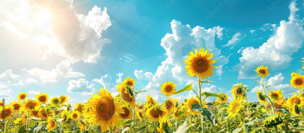 Poster vibrant sunflowers in full bloom in a vast field under a bright blue sky with fluffy white clouds, c