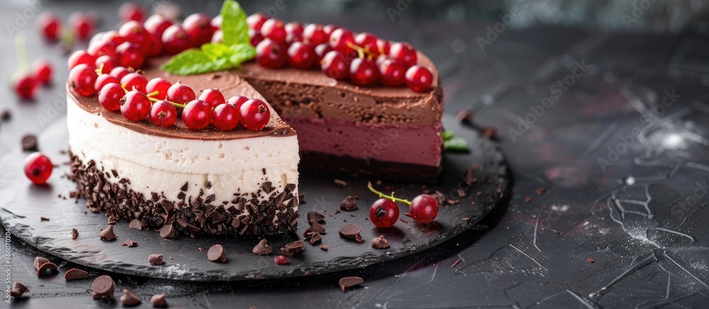 Poster A no-bake mousse cake with dark chocolate and currant berries with a visually appealing design and copy space image.