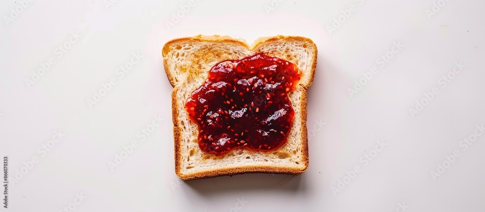 Poster Top view of a slice of toast with strawberry jam on white background, flat lay style with room for text or image insertion. Copy space image. Place for adding text and design
