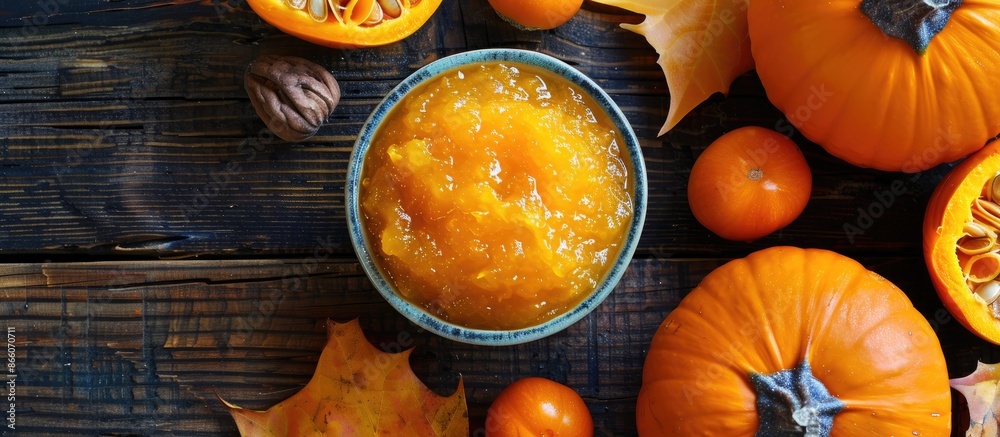 Poster A tempting bowl of pumpkin jam with its ingredients displayed on a wooden surface in a top view layout, allowing for text in the open area of the image. Copy space image