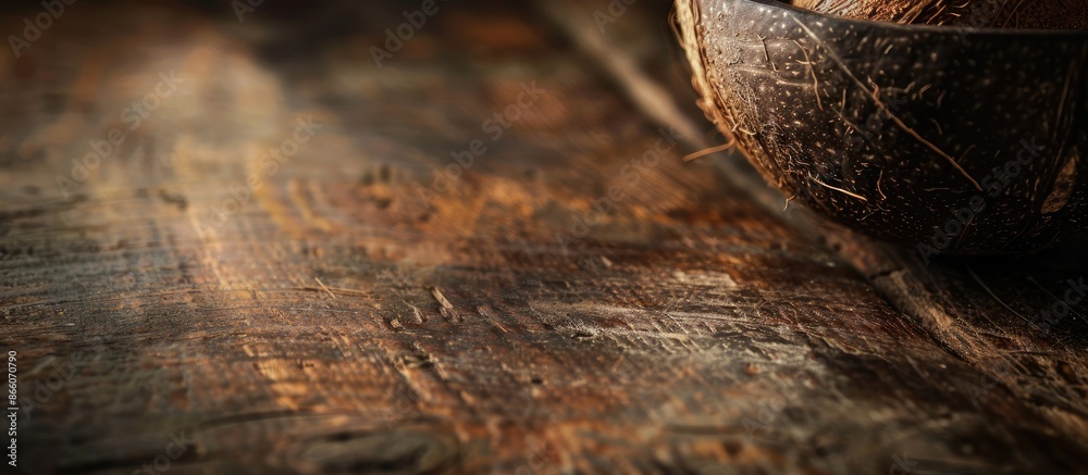 Poster Dark wooden table adorned with a coconut creating an appealing copy space image.