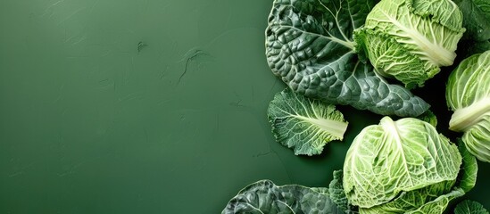 Fototapeta premium Top view of fresh white cabbage on a green background, suitable for dietary and vegetarian meals, featuring copy space image.