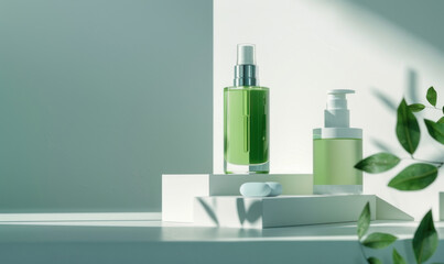 A mockup featuring a bottle of skin care product with a fresh and natural green and white packaging box