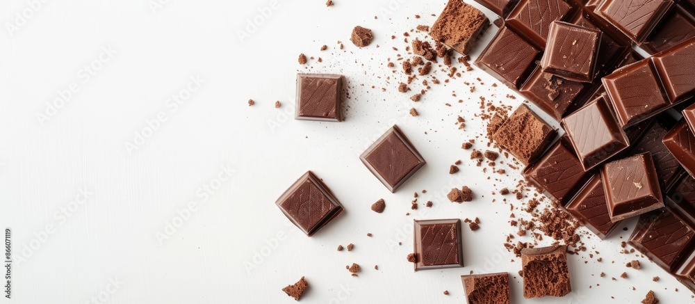 Poster cubes of cocoa wafers on white backdrop with room for text, chocolate wafers, and crumbs. copy space