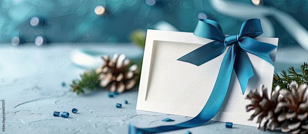 Fototapete A blue satin ribbon and a card are displayed on a bright surface with an area available for inserting an image. Copy space image. Place for adding text and design