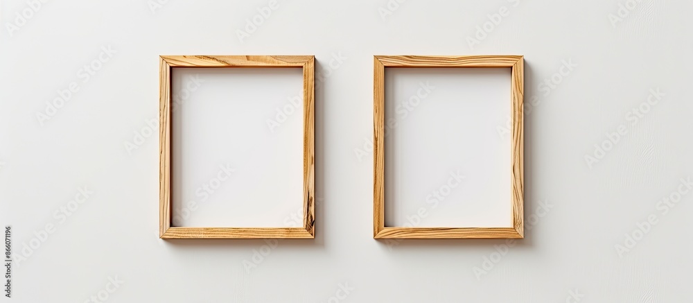 Poster pair of vertical beige wooden frames for art or photos, isolated on a white background with copy spa