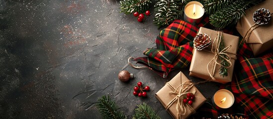 Christmas flat lay style arrangement of vintage gift boxes, candles, and a tartan scarf with a free text space image. Copy space image. Place for adding text and design