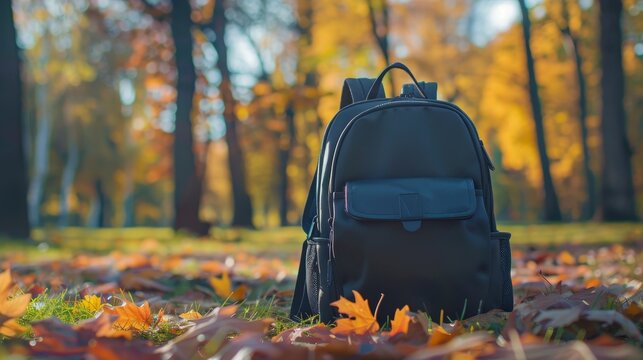 School backpack with autumn maple leaves signifies the start of a new academic year in the park