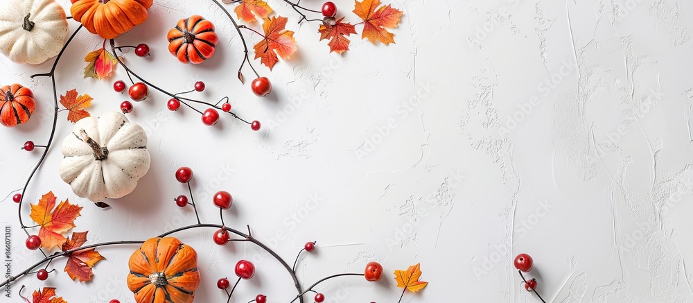 Poster Festive fall decoration with pumpkins, leaves, and berries on a white rustic backdrop, creating a flat lay design with a blank area for inserting text or images. Copy space image