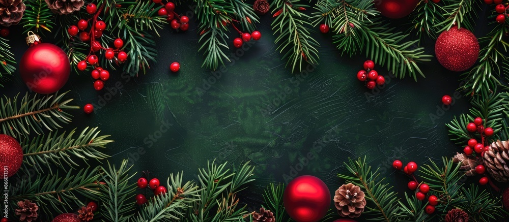 Aufkleber festive christmas backdrop adorned with fir branches, red ornaments, and decorations, ideal for addi