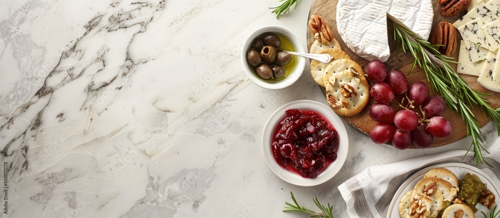 Poster top view image featuring a snack board layout on a wooden kitchen table with a camembert cheese, gra