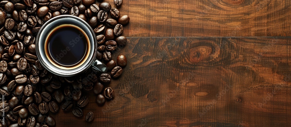 Aufkleber coffee beans are beautifully displayed with a cup in a copy space image.