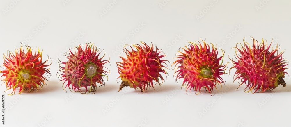 Poster five rambutans displayed on a white backdrop with isolated background and copy space image, showcasi