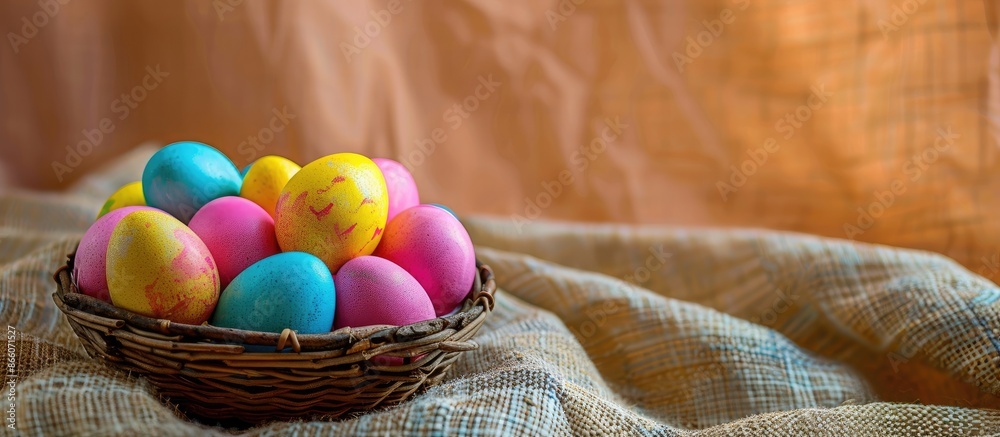 Leinwandbilder Colorful Easter eggs in a basket on fabric with room for text in the image. Copy space image. Place for adding text and design