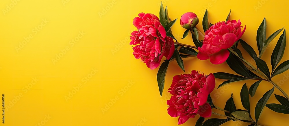 Aufkleber Overhead shot of peony flowers displayed against a yellow backdrop with room for text or graphics, creating a floral arrangement with copy space image.