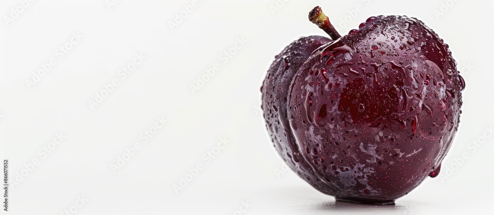 Poster An unattractive, damaged plum resembling a heart shape displayed on a clean, white background with room for text or other elements in the image. Copy space image. Place for adding text and design