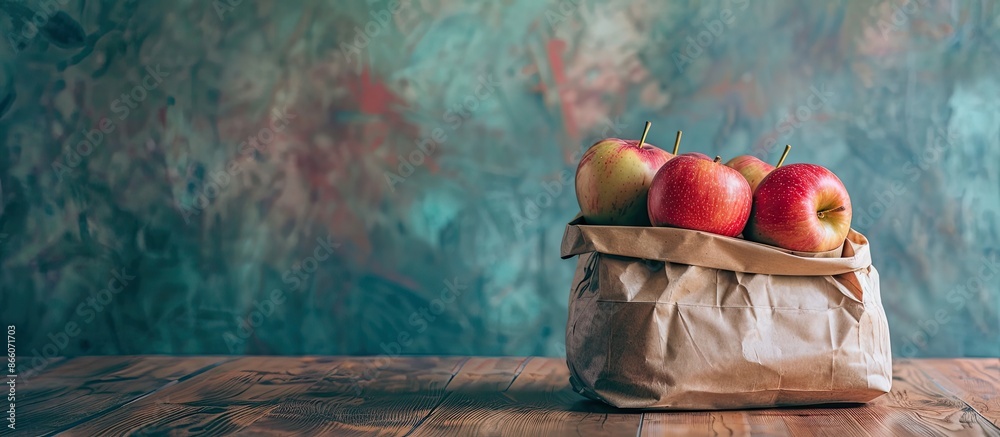 Aufkleber On a kitchen table, there is a paper bag filled with fresh and juicy apples, next to an empty space for text or other content in an image. Copy space image. Place for adding text and design