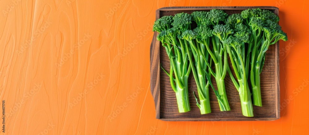 Poster baby broccolini arranged on a wooden tray with an orange backdrop in a top-down perspective, showcas