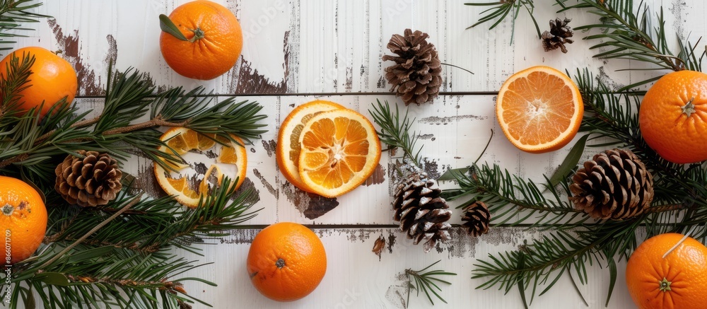 Poster top view of a festive christmas arrangement with fir branches, tangerines, and cones displayed on a 