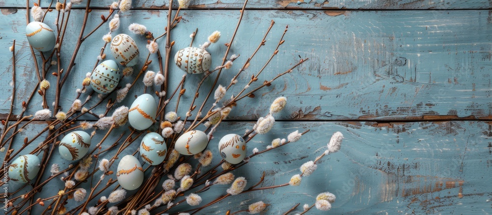 Aufkleber top view of a rustic easter still life on a wooden background featuring decorated eggs and dry willo