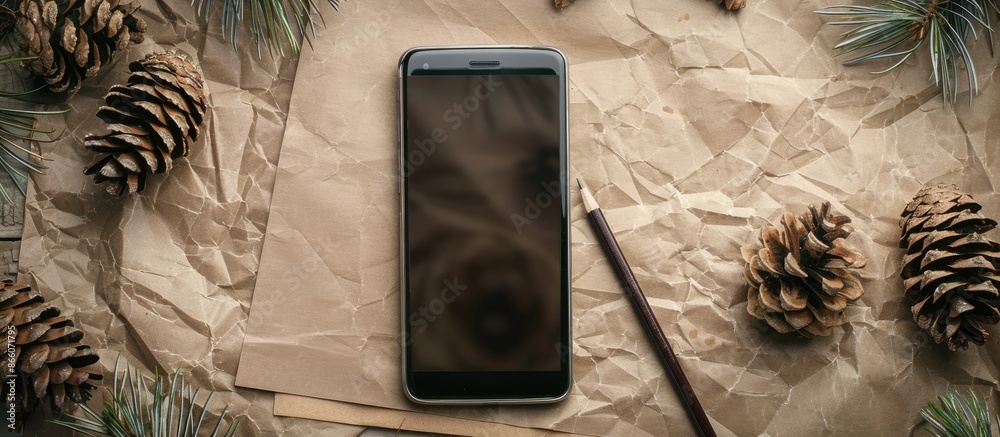 Leinwandbilder top view of a smartphone, pencil, and dry pine cones on a brown paper surface with room for text or 