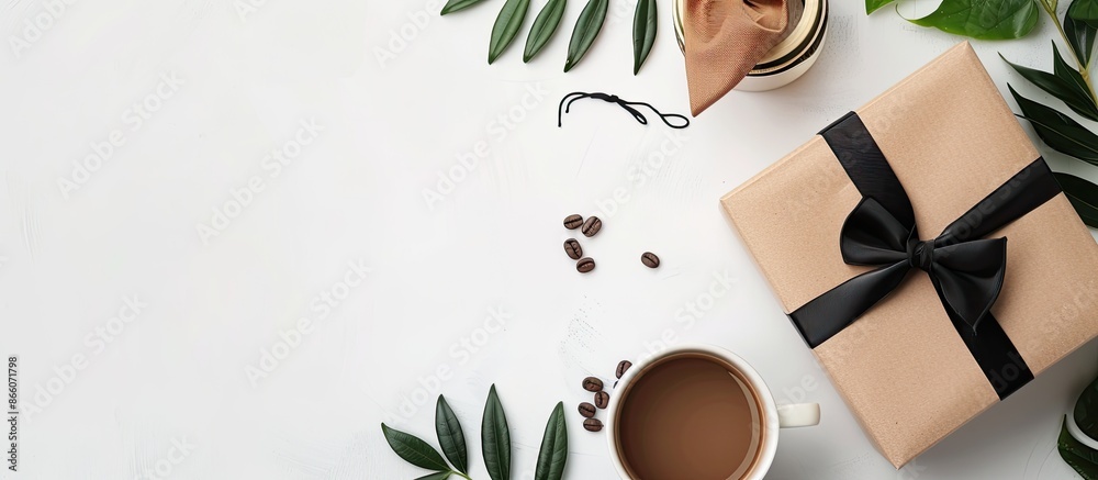 Aufkleber Men's birthday greeting card featuring a gift box, bow tie, and coffee arranged on a white background with space for text alongside a frame. Copy space image. Place for adding text and design