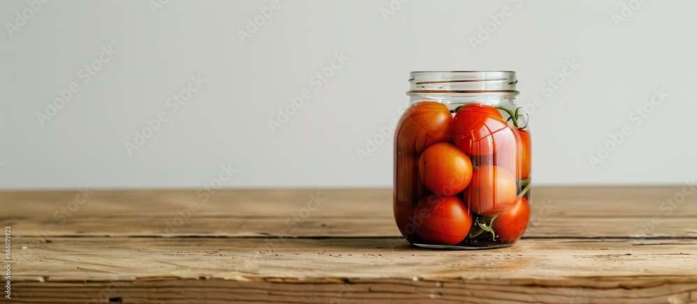 Poster wooden table with a glass jar of pickled tomatoes against a white background, providing ample space 