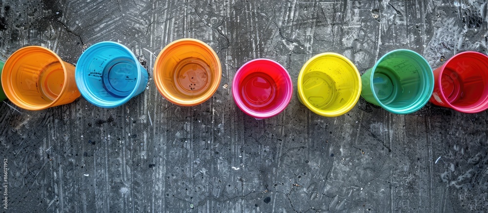 Aufkleber colorful plastic cups arranged on a gray stone surface highlighting plastic pollution in a trendy co