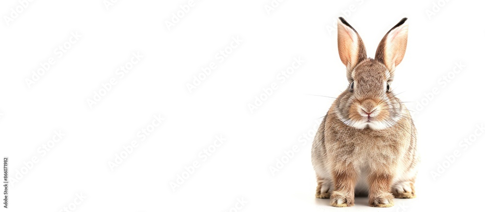 Poster A dwarf breed rabbit, with copy space image, facing forward on a white background.