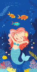 Underwater marine life of a coral reef. Hand drawn vector illustration of vertical background in a blue palette colors