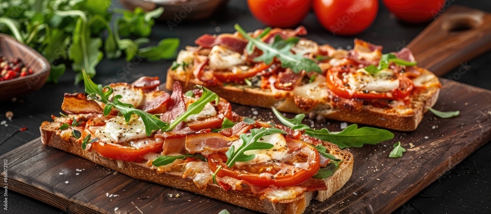 Poster variation of quick pizza on toasted bread with tomato, bacon, mozzarella, and arugula; ideal for fas