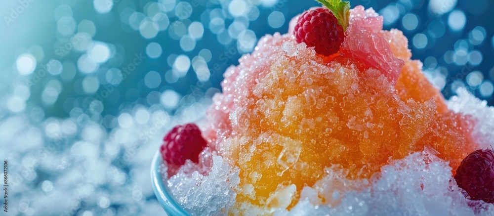 Poster Close-up photo of Hawaiian shaved ice, also known as shave ice or snow cone, featuring a blank space for more content beside the image. Copy space image. Place for adding text and design