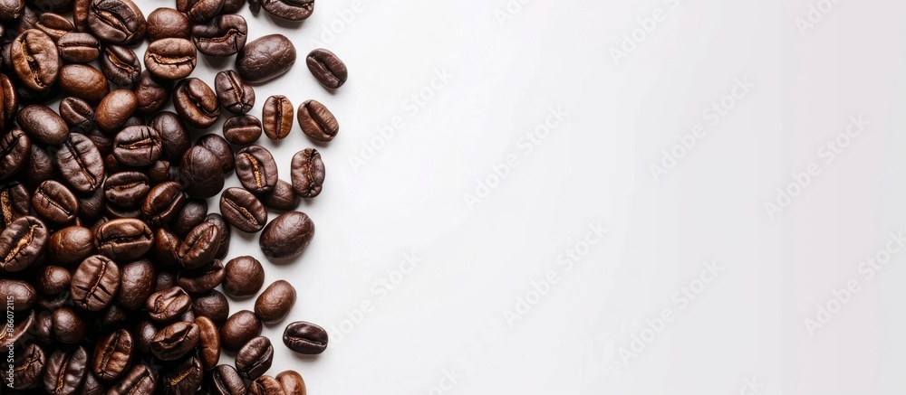 Poster coffee beans on a white backdrop with space for text, and focus on the beans. copy space image. plac
