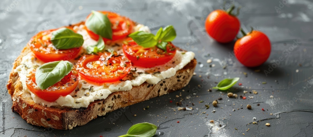 Poster A slice of toasted bread topped with delectable cream cheese and tomatoes arranged on a grey surface, with room for text in the image. Copy space image. Place for adding text and design