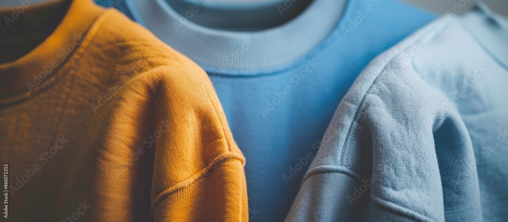 Poster close-up of two sweatshirts in blue and ochre colors with copy space image.